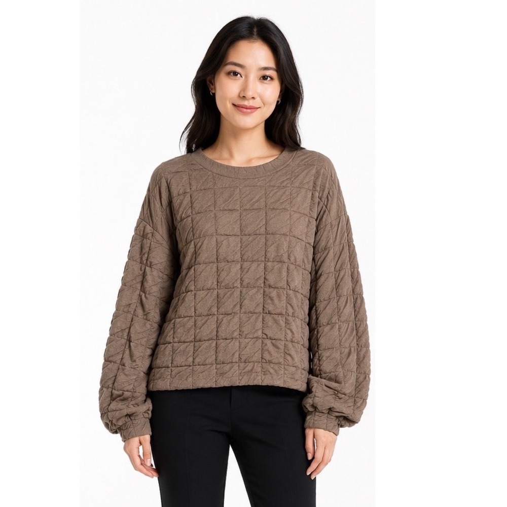 Zara Womens Textured Quilted Popcorn Sweatshirt Taupe Brown Oversized Large